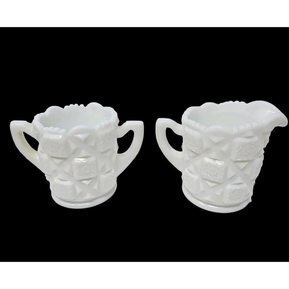 Milk Glass Cream Sugar Set Old Quilt Pattern White Vintage 1940s Westmoreland